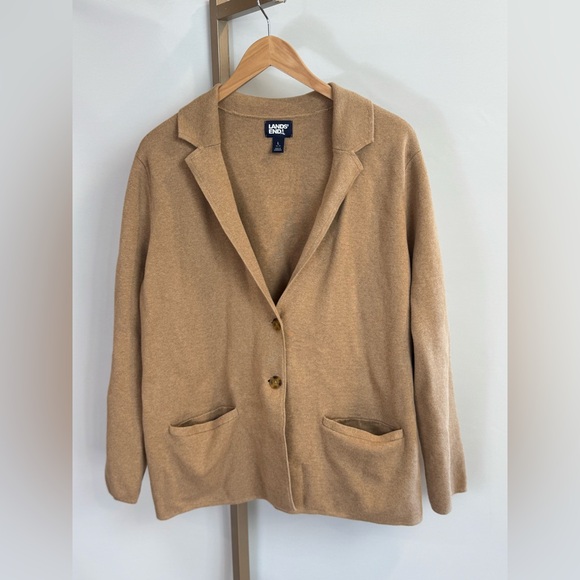Lands’ End Women’s Large Tan‎ 100% Cotton Fine Gauge Knit Blazer Sweater Classic - Picture 2 of 7